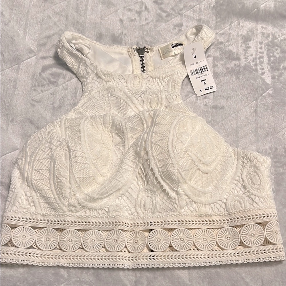 LF- Rumor Bardot White Lace Crop Top